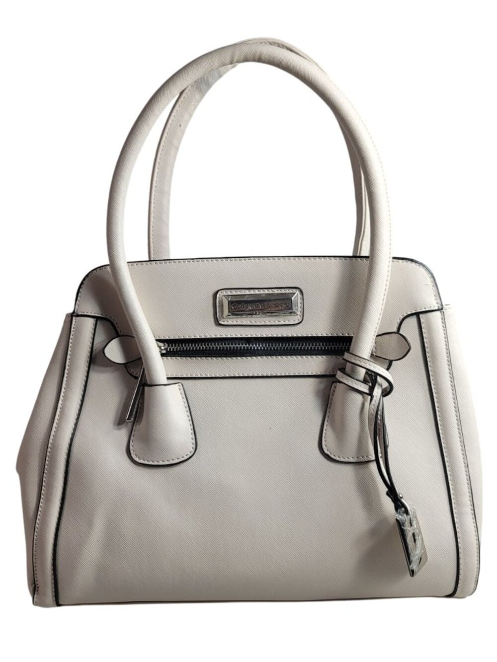 Catherine Malandrino Top Handle Satchel Handbag Cream Faux Leather Zip Storage